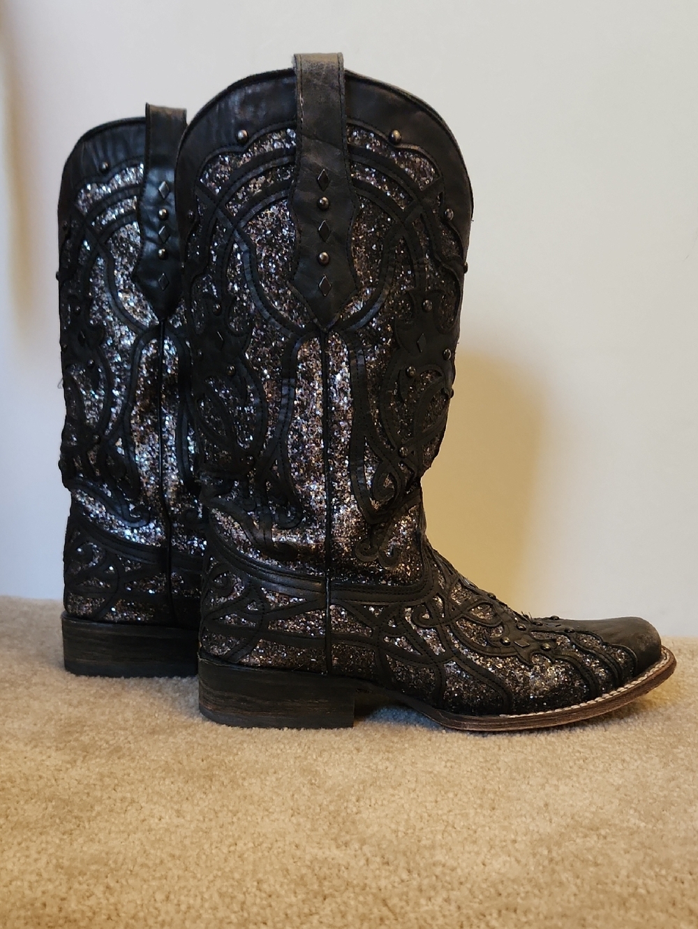 Black Glitter Embellished Cowboy Boots